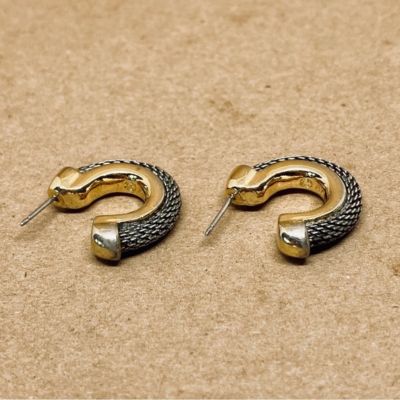 Vintage Anne Klein AK Signed Gold Tone Silver Metal Mesh Half Hoop Post Earrings - Picture 7 of 9